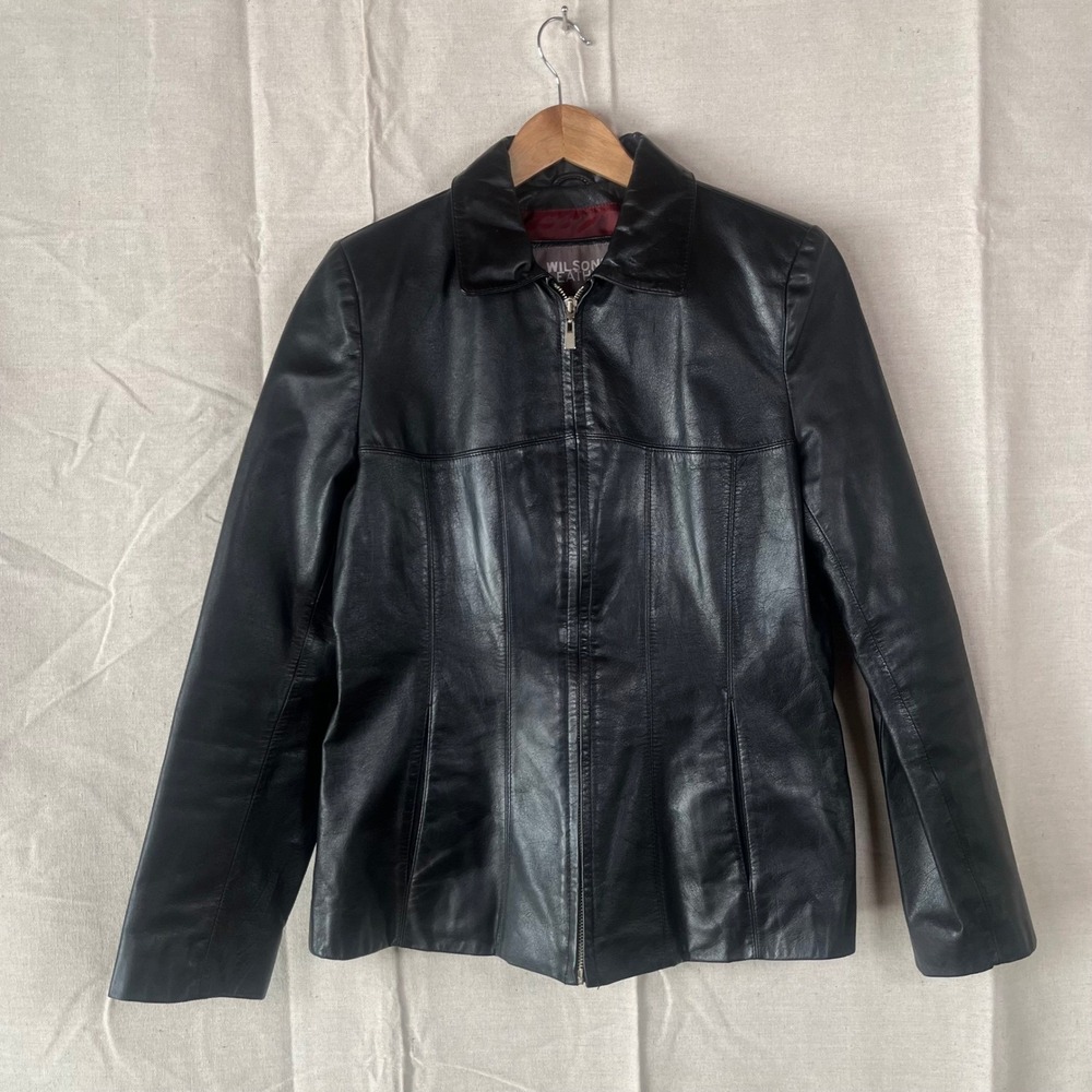 Wilsons Leather Black Zip Up Jacket Womens Small Genuine Leather Moto Minimalist